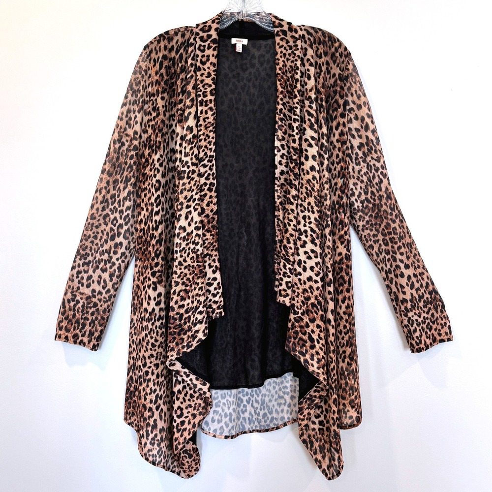 Reba Leopard Waterfall Duster S Mesh Knit Open Front Boho Layering Country Glam